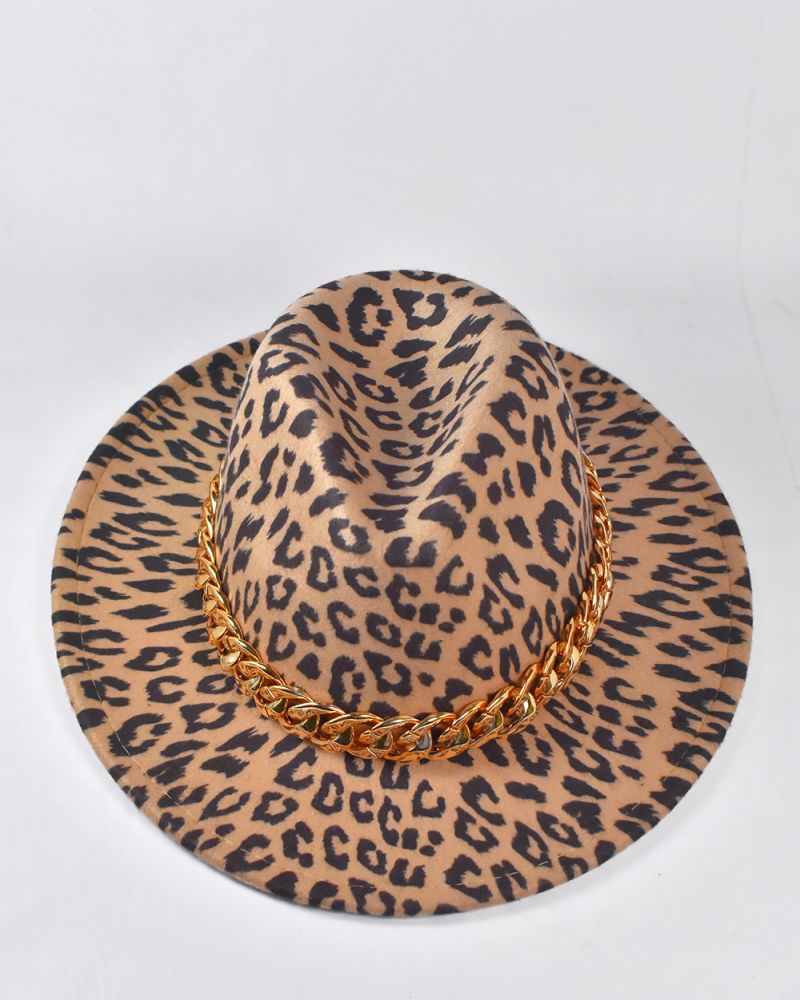 Γυναικείο χειμερινό καπέλο Fedora Leopard Print με χρυσή αλυσίδα