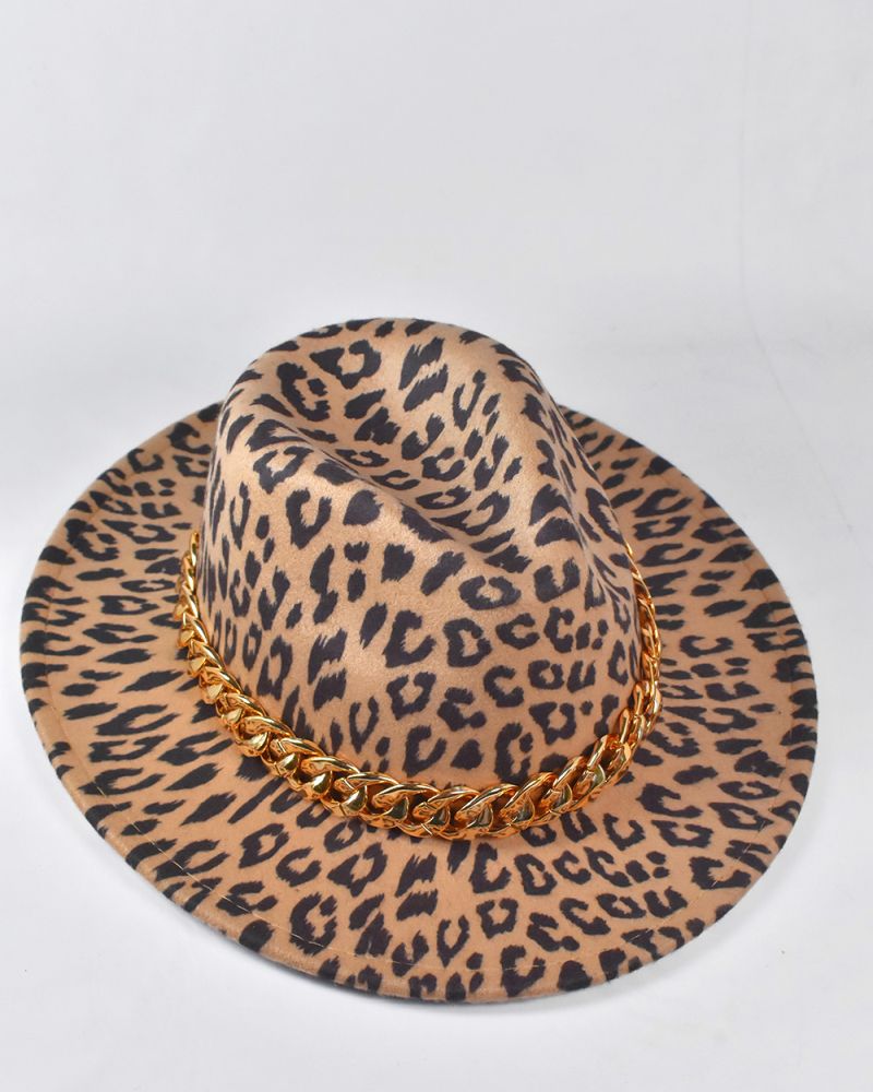 Γυναικείο χειμερινό καπέλο Fedora Leopard Print με χρυσή αλυσίδα