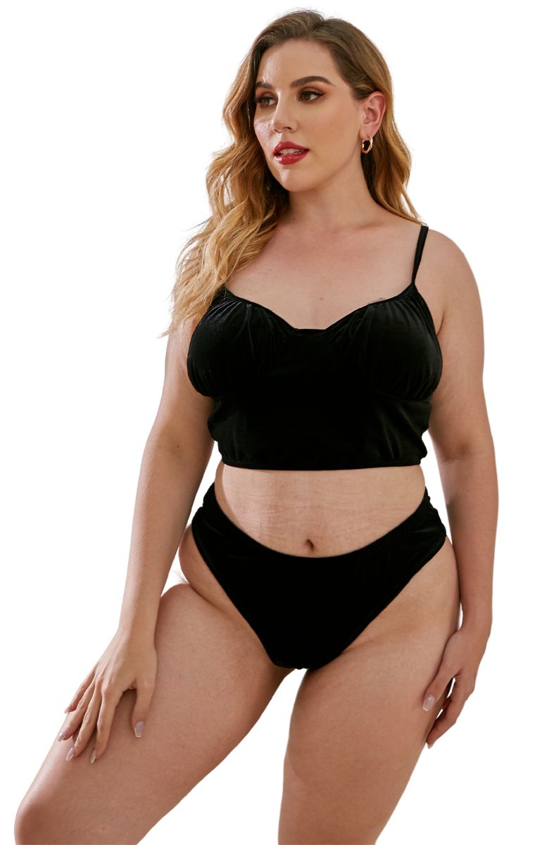 Plus Size Βελούδινο Σετ Bustier & Brazil - Μαύρο - LC14244-Μαύρο-XXL