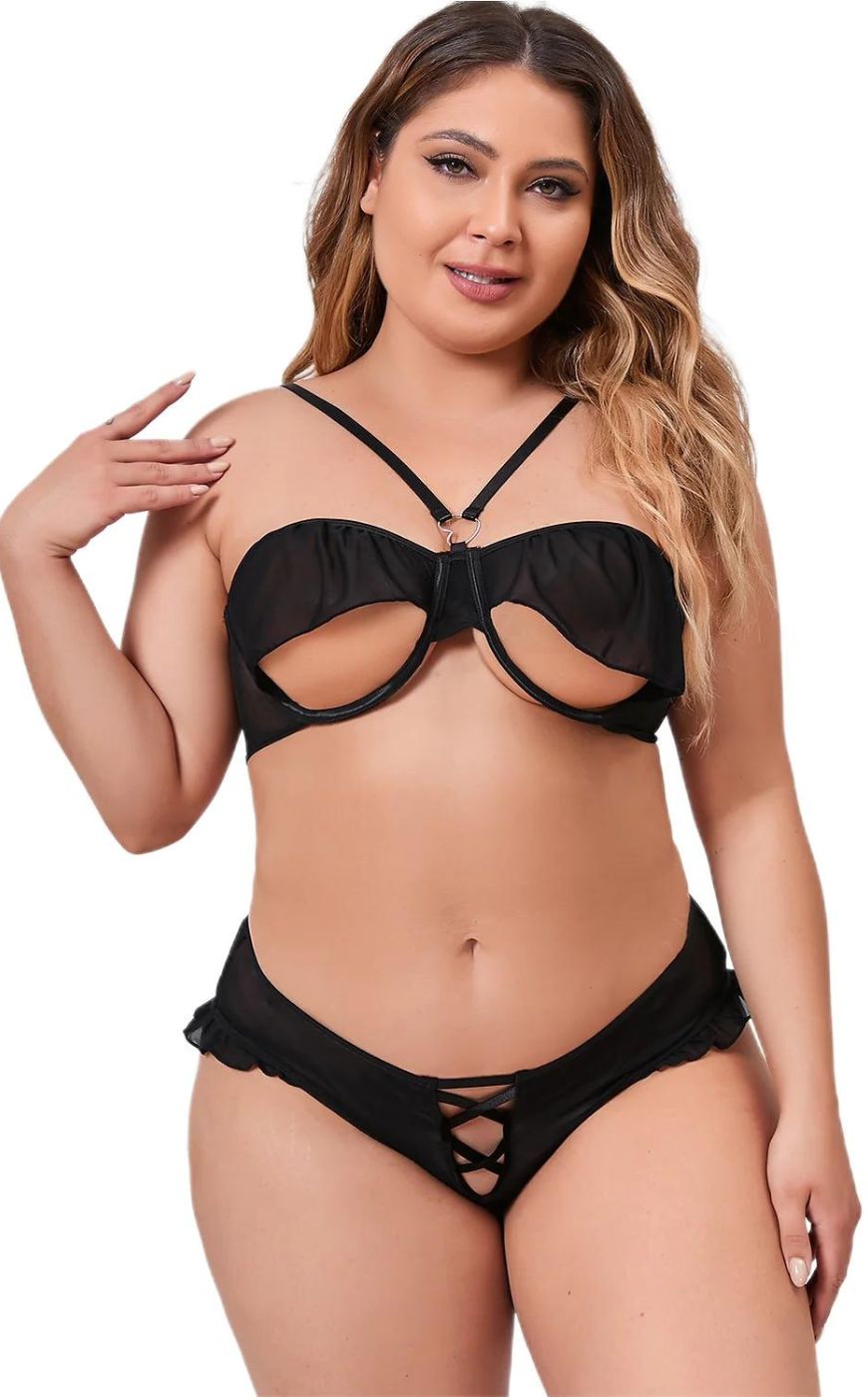 Σετ Σουτιέν Plus Size Ruffled Open Cup - Μαύρο - PL35010-2-Μαύρο-XL