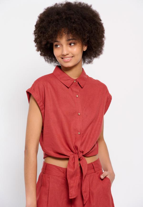 Linen blend cropped πουκάμισο με μπροστινό δέσιμο